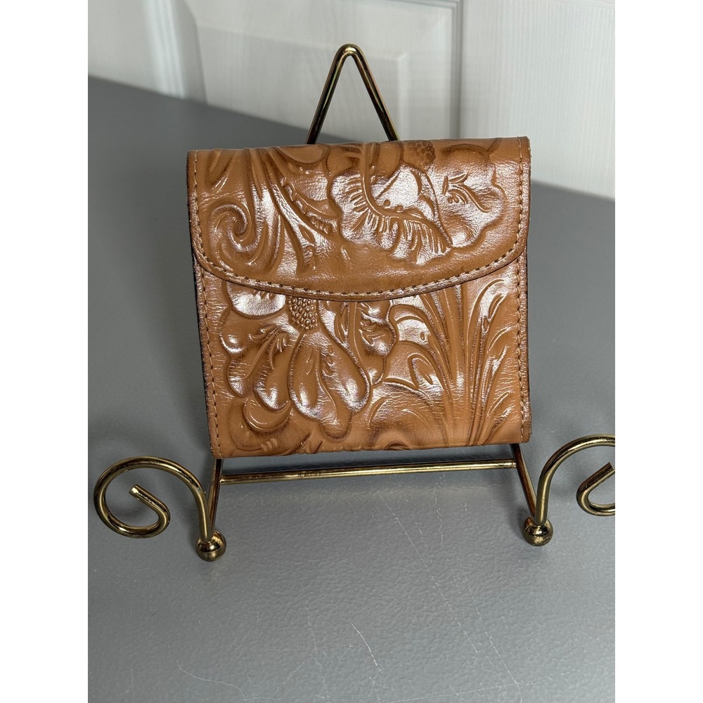 Patricia Nash Reiti Tan Floral Tooled Italian Leather Trifold Embossed Wallet
